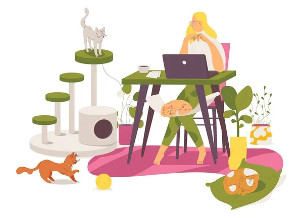 Freelancer Trabajando Desde Casa Con Gatos Scratching Post Muebles Para — Vector de stock