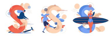 Futbol, scooter sürmek ve sörf için mektuplar. Beyaz üzerine izole edilmiş canlı renklerle çizilmiş kadın eğitimli konsept spor illüstrasyonu
