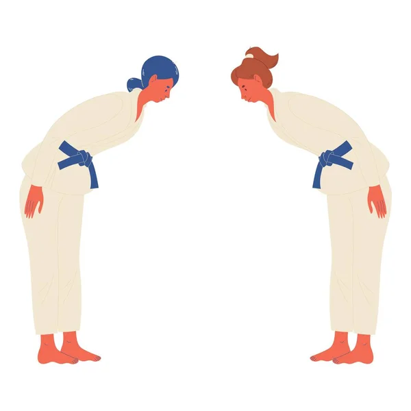 两名身穿白色和服的年轻女子在打斗柔道或柔道前互相鞠躬致意 背景上孤立的卡通笑脸 — 图库矢量图片