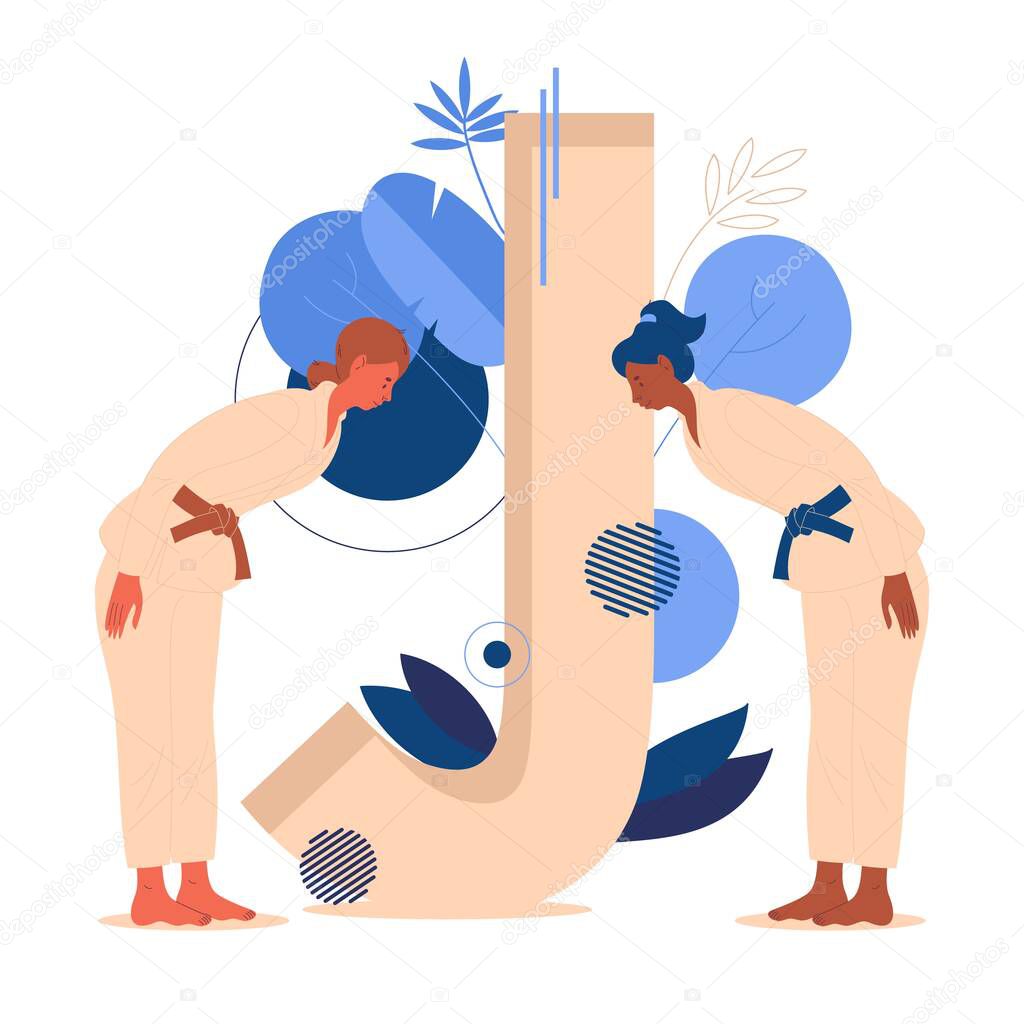 Judo or jiu-jitsu women in bow in front of large letter J decorated with leaves and geometric shapes. Sport concept illustration good for combat sports.