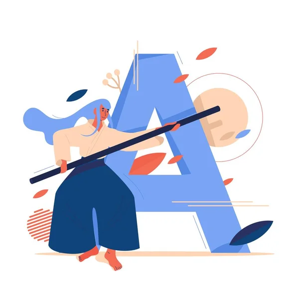 Концепция Айкидо Иллюстрация Женской Тренировкой Перед Большой Буквы Геометрические Формы — стоковый вектор
