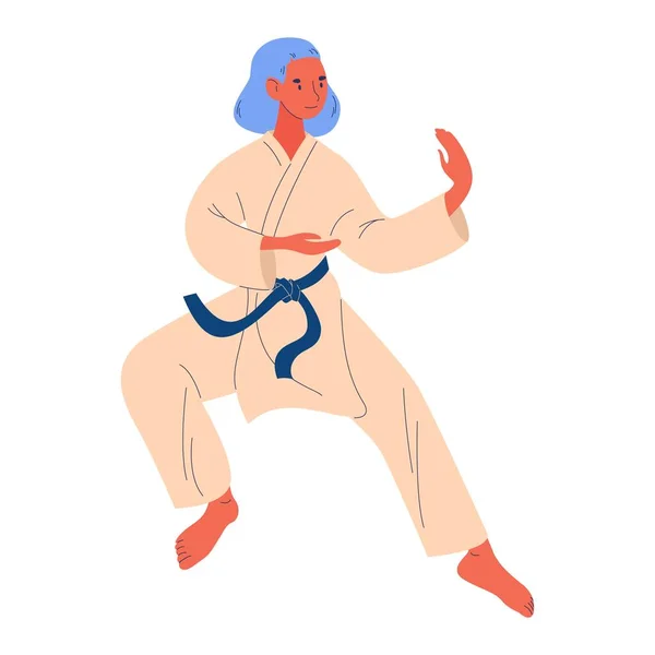 Kimono Eğitimi Alan Bir Kadın Karate Kadın Karakteri Beyaza Izole — Stok Vektör