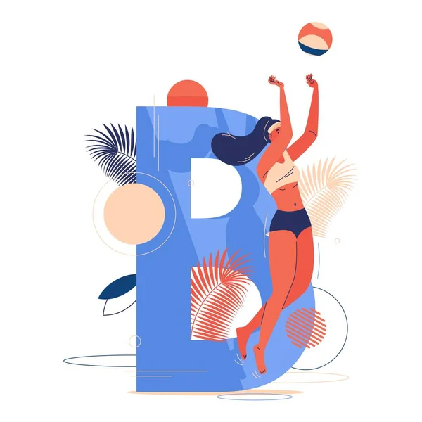 Beach Volleyball Concept Illustration Capital Letter Young Woman Swimsuit Jumping — Stock Vector