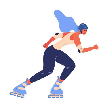 Canlı mavi ve turuncu tekerlekli patenlerle çizilmiş genç bir çizgi film karakteri beyaz arka planda izole edilmiş..