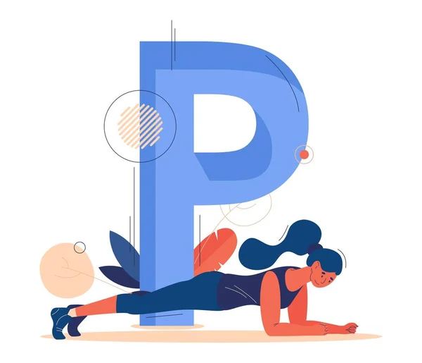 大写字母P和女人做跳板练习 致力于健康生活方式和减肥的病媒运动人物 与白人隔离 — 图库矢量图片