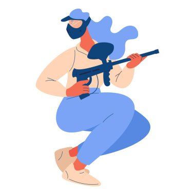 Beyazlar içinde izole bir şekilde paintball oynayan kadın. Genç aktif karakter.