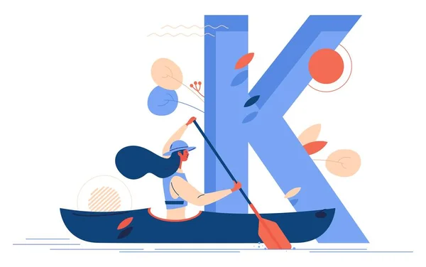 Kayaking concept illustration with woman in kayak and large letter K on background. Vector scene good for water sport school and club isolated on white.