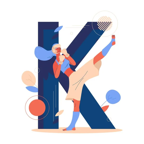 Mujer Entrenando Kickboxing Sport Gran Letra Fondo Ilustración Concepto Vectorial — Archivo Imágenes Vectoriales