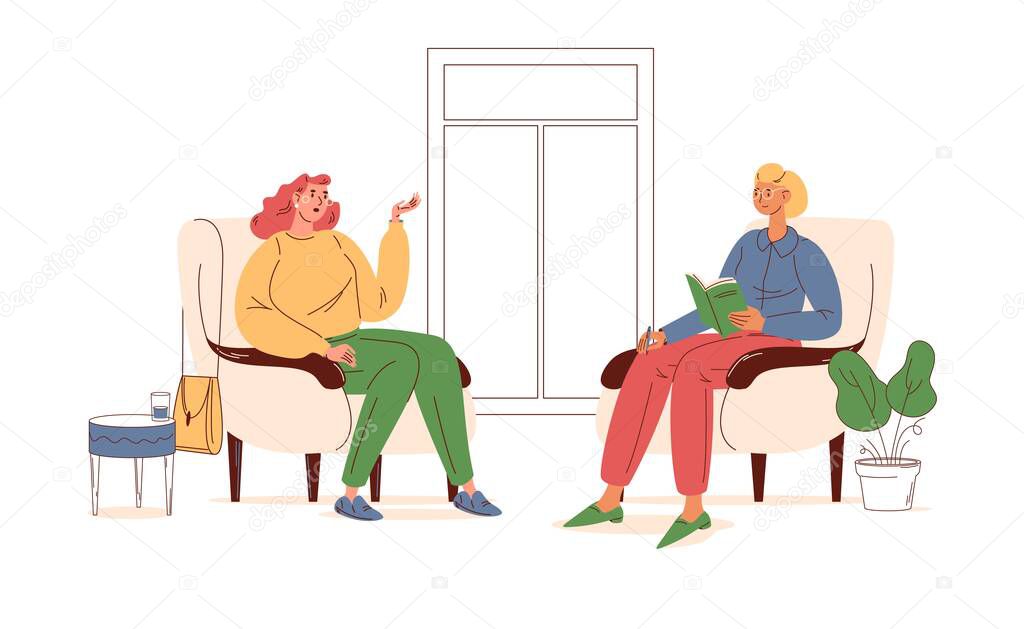 Young woman at psychotherapist session talking about problems and fears. Outline stylish interior with soft chairs and flower pots.