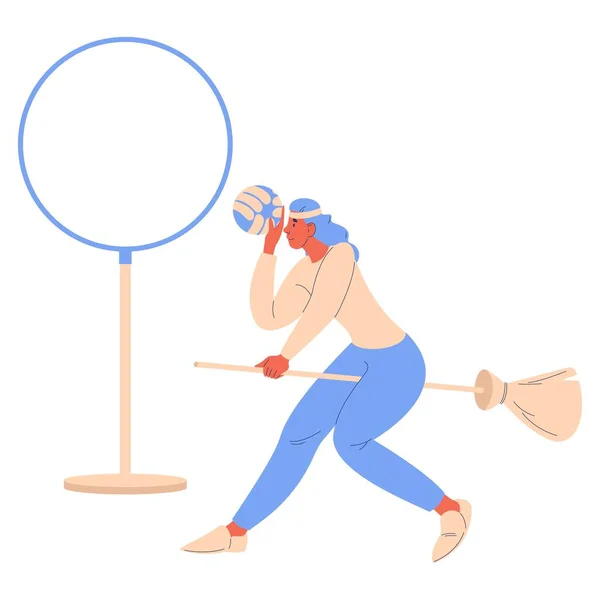 Žena Hrající Famfrpál Izolovaná Bílém Vektorový Znak Ilustrací Koštěte Kruhovým — Stockový vektor