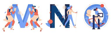 Muay Thai 'nin büyük harfi M, İskandinav yürüyüşü için N, açık spor salonu için O. Yaratıcı harfleri olan eğitici koleksiyon ve spor eğitmeni kadınlar..