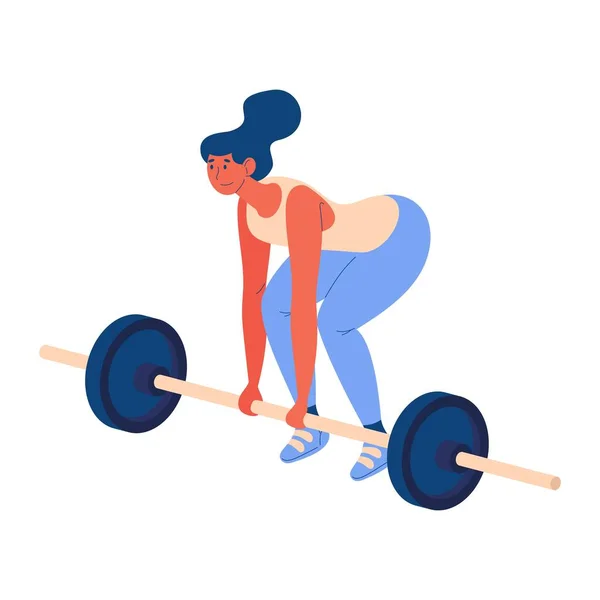 Jonge Vrouw Met Geladen Lange Halter Training Deadlifting Oefening Geïsoleerd — Stockvector