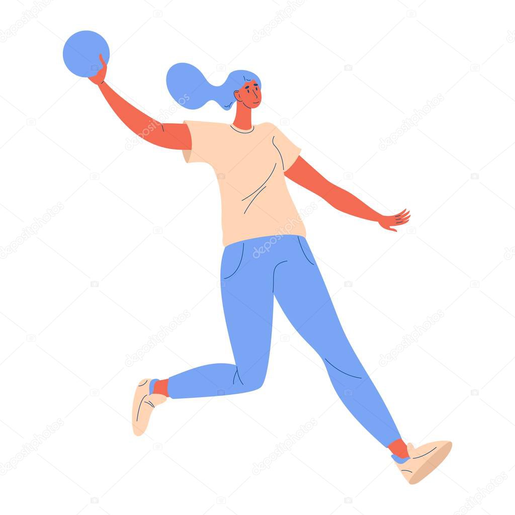 Young woman running with ball during dodgeball game isolated on white. Vector character happy and active.