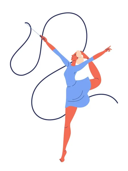 Jeune Femme Dessin Animé Entraînement Caractère Gymnastique Avec Ruban Concept — Image vectorielle