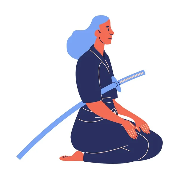 Woman Hakama Sitting Knees Kendo Sword Iaido Training Isolated White — Stock Vector