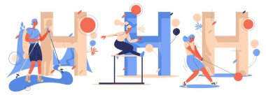 Yürüyüş için büyük harf H, çekiç fırlatma ve fırlatma. Mavi ve turuncu çizilmiş kadın karakterler. Spor konsepti çizimi.