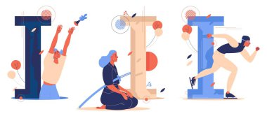 Iaido, Indiaca ve buz pateni eğitimi alan kadın ve ben beyazın üzerinde izole edilmiş büyük harflerle vektör koleksiyonu. Mavi ve turuncu çizilmiş eğitici alfabe..