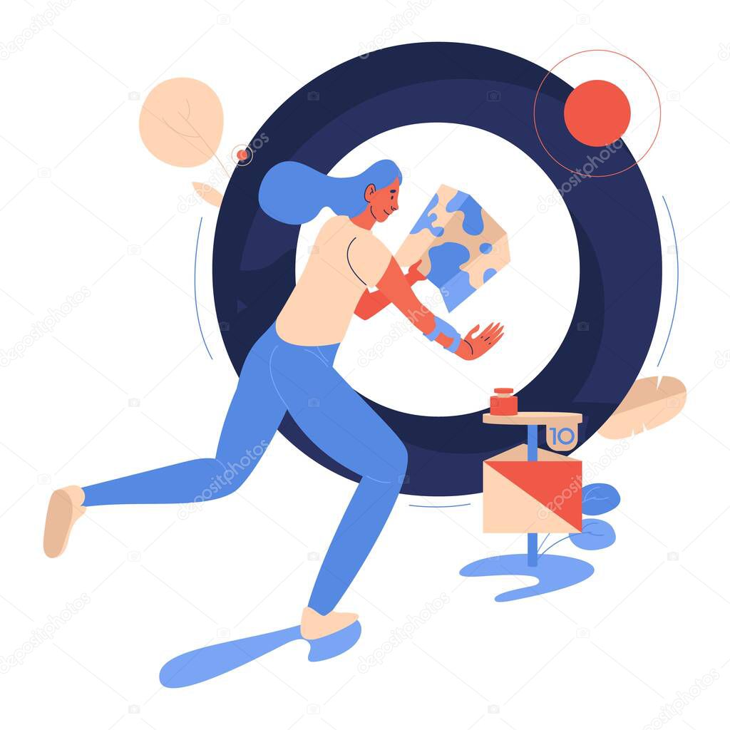 Woman with map in hand running to check point in orienteering game and large capital letter O isolated on white. Vector concept illustration for healthy lifestyle and active leisure activities.