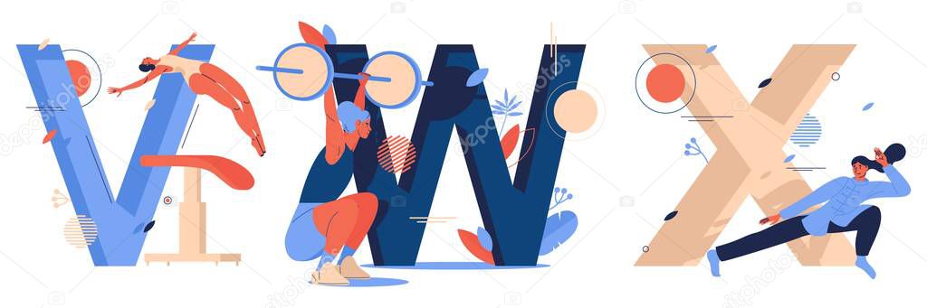 Vector sport letters collection with woman characters during training. V for vaulting table jump, W for weightlifting, X for xingyiquan martial art. Isolated on white background concept alphabet.