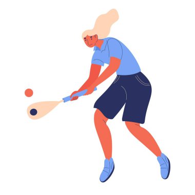 Vigoro spor illüstrasyonu. Beyaz tenli, raketli genç bir kadın. Çizgi film karakterini kavra.