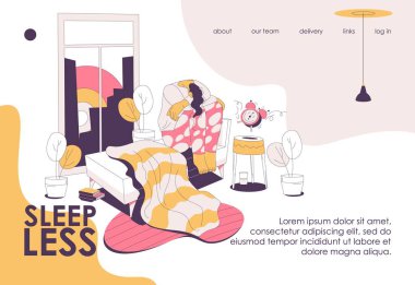 Uyku için iniş sayfası şablonu uykusuzluk çeken insanlardan yoksundur. Uykusuz kadın ve çalar saat çalar Pembe ve sarı çizilmiş.