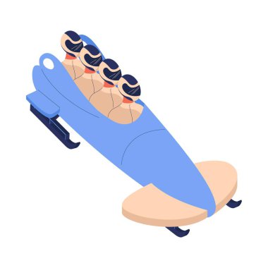 Bobsled ya da Bobsleigh takımı kızağa binecek. Mavi ve bej ile çizilmiş miğferli çizgi film karakterleri.