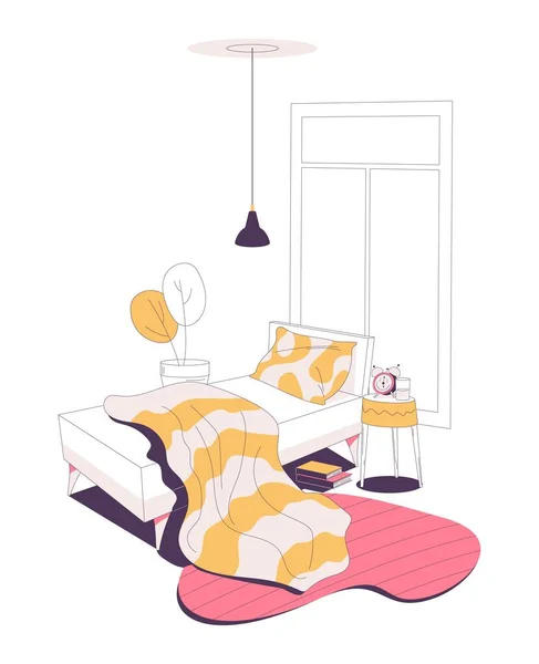 침실은 분홍빛 노란색으로칠 해졌다 침대에 시계가 혔습니다 아무도 없어요 — 스톡 벡터