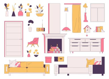 İçerisi için pembe ve sarı mobilya koleksiyonu. Yeşillikler, saksılar, kanepe ve kapı beyaza izole edilmiş, dış hatlarla çizilmiş..