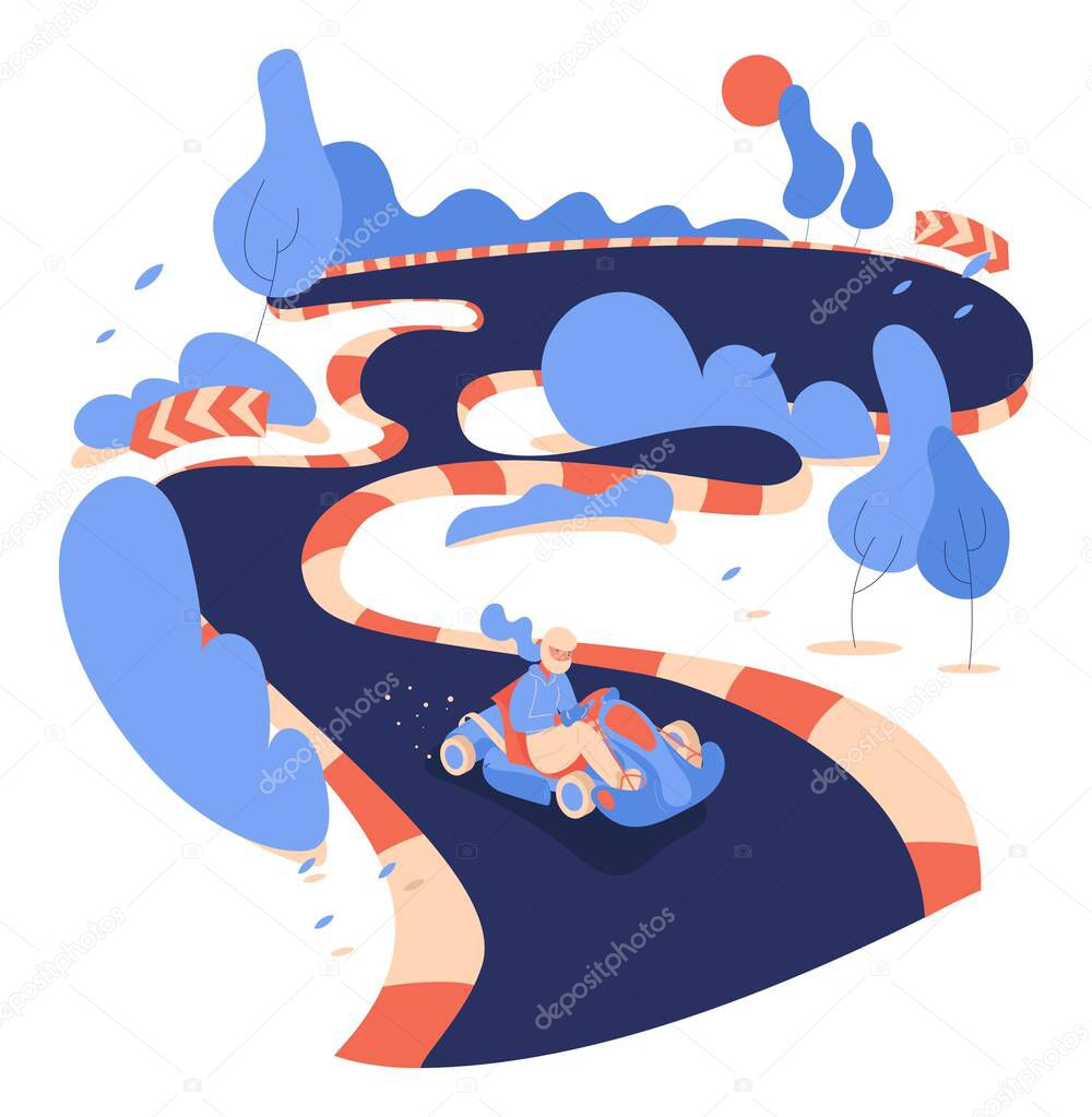 Go kart track cartoon scene with woman riding car, blue trees and bushes and protective barriers. Isolated on white fun activity illustration.
