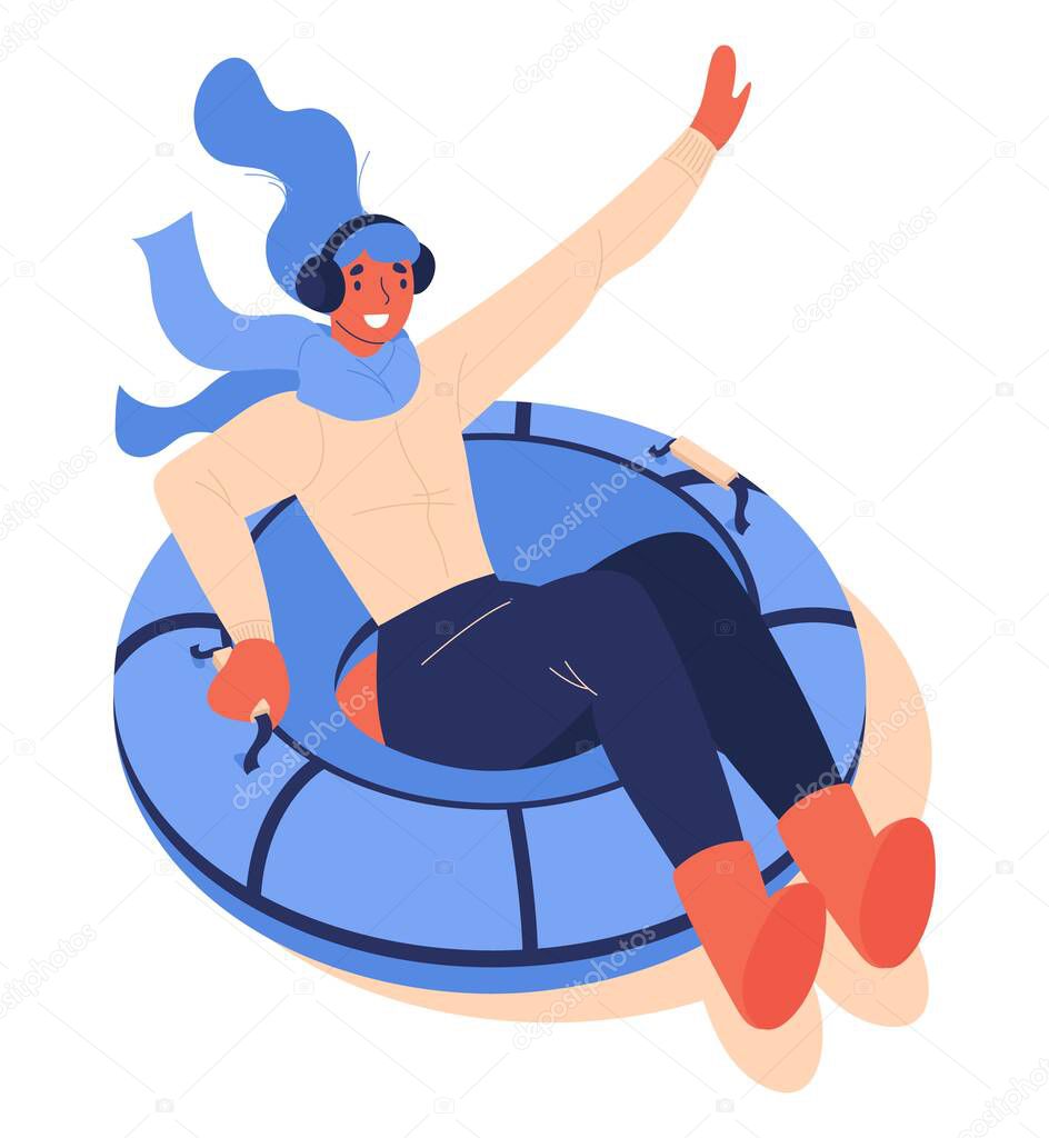 Young woman riding tubing donut in winter clothes smiling and happy. Vector concept illustration isolated on white.