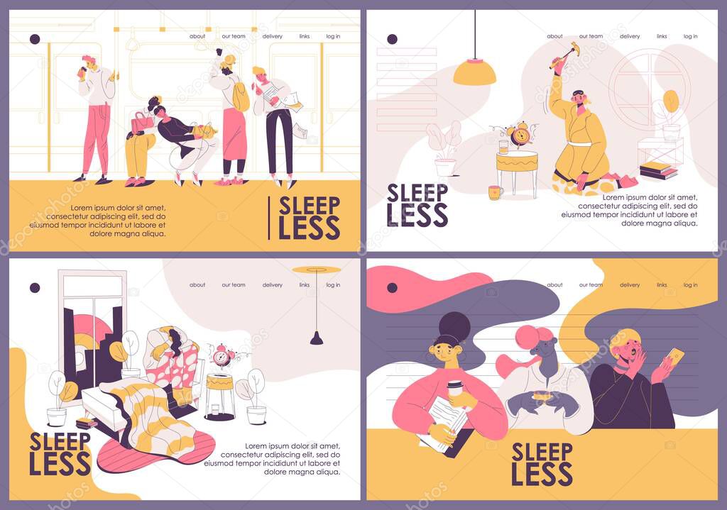 Landing pages templates about insomnia and people suffering from sleepless nights. Sad and depressed characters with coffee drawn in pink and yellow.