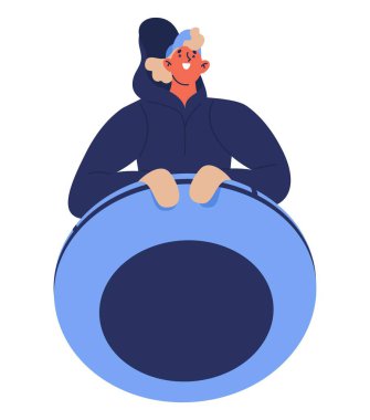 Kar tüplü donut süren beyaz arka planda yaşayan bir kadın. Mutlu çizgi film karakteri kışın günlük kıyafetlerle.