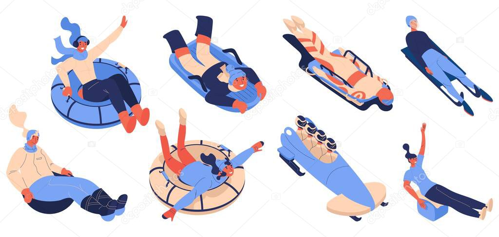 Sledding people isolated on white. Women riding sled, ice block, tubing donut, skeleton, bobsleigh, wok racing. Smiling characters drawn in blue and beige.