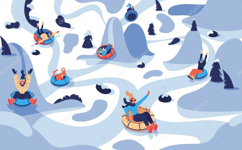 Vector winter landscape with people on tubing donuts happy riding from hills among trees. Various characters in warm clothes.