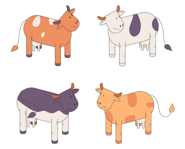 Cows Drawn Effect Isolated White Background Farm Animals Various Poses — Stock Vector