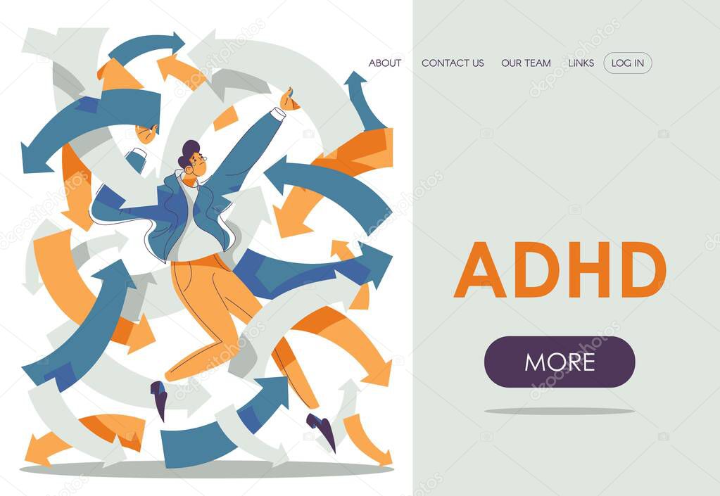 ADHD landing page template with man in doubt among plenty of arrows. Mental health banner.