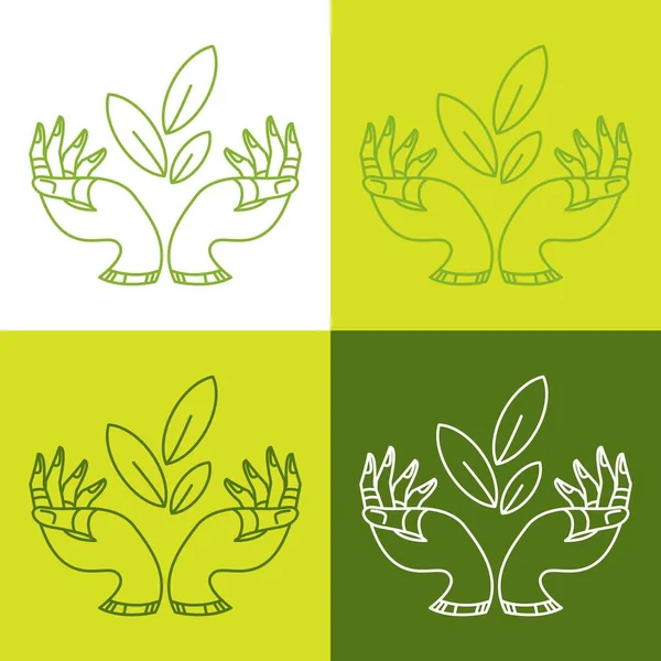 Ícones Ecológicos Verdes Com Mãos Cuidando Das Folhas Esboço Hippie Vetores De Bancos De Imagens Sem Royalties