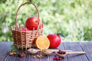 Elma, portakal, fındık, müsli 