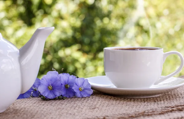 Café de la mañana con flores azules — Foto de Stock