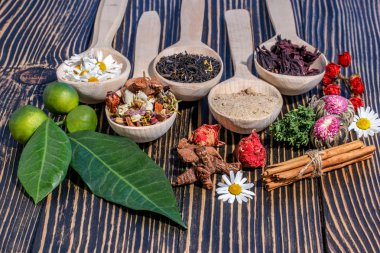 Aromatik çiçek çay kaşık arka plan üzerinde