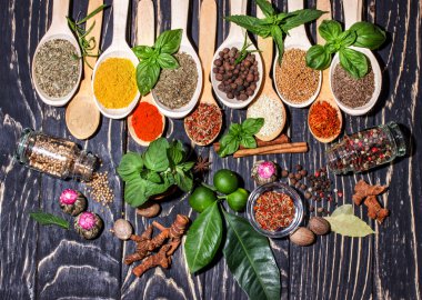 Renkli Aromatik baharatlar ve otlar üzerinde ahşap kahverengi backgrownd