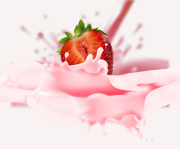 딸기가 떨어지는 요구르트 아이스크림 떨어뜨려 놓는다 — 스톡 사진