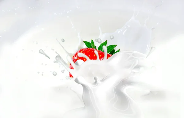 Splash and drops yogurt, milk, ice cream from falling ripe red strawberries isolated