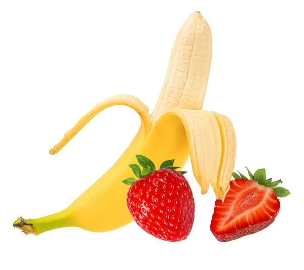 Bananas Morangos Isolados Sobre Branco — Fotografia de Stock