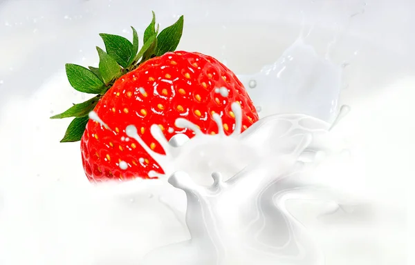 Розчавити Скинути Йогурт Молоко Морозиво Від Падіння Стиглої Червоної Полуниці — стокове фото