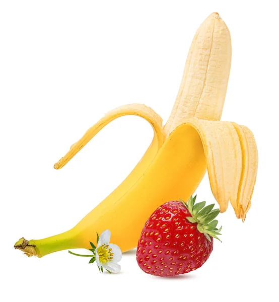 白で隔離されたバナナとイチゴ — ストック写真