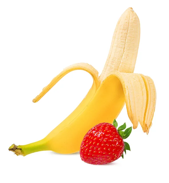 用白色隔开的香蕉和草莓 — 图库照片
