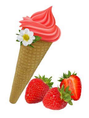 Vanilyalı dondurma ve beyaz arka planda yalıtılmış çilek..