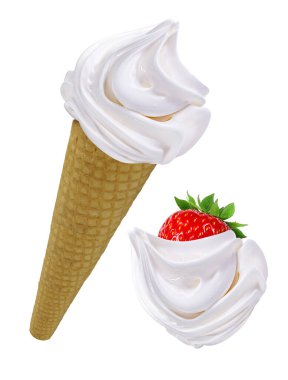 Vanilyalı dondurma ve beyaz arka planda yalıtılmış çilek..