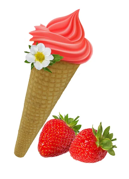 Vanilyalı dondurma ve beyaz arka planda yalıtılmış çilek..